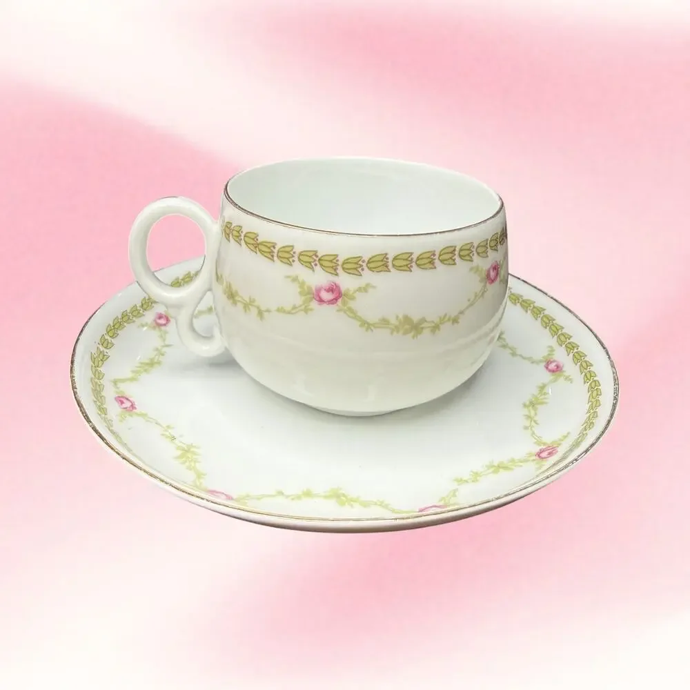 Antique Z.S. & C. Bavaria Teacup Saucer Pink Roses Gold Trim Cottagecore
